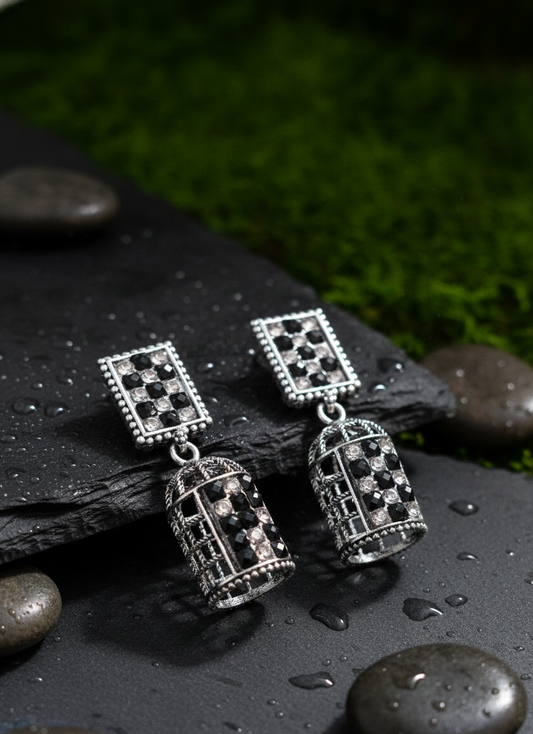 Antique Oxidised Silver Floral Jhumka Earrings