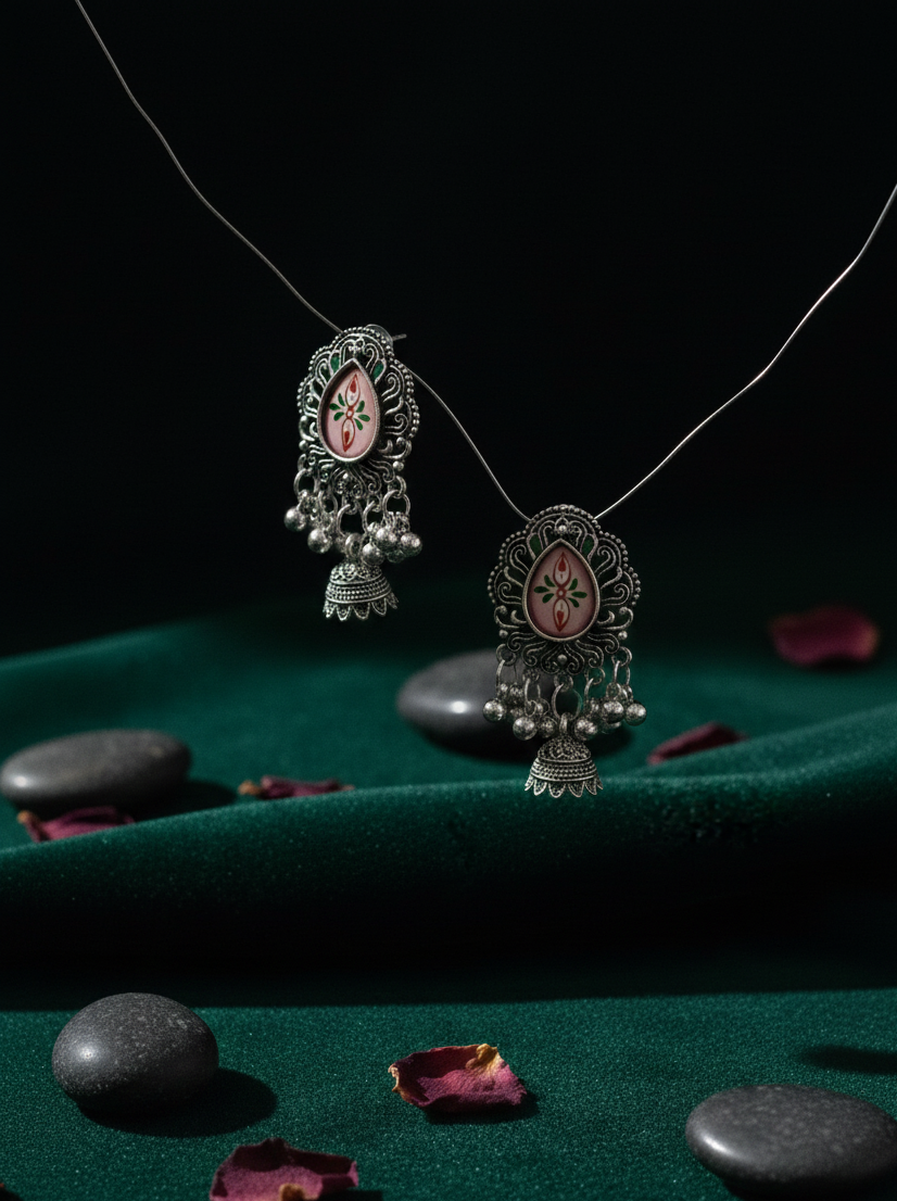 Vintage-Style Oxidized Silver Pink Meenakari Jhumkas with Floral Detailing