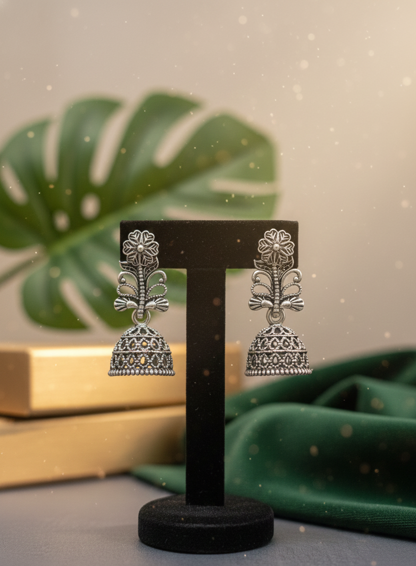 Oxidized Silver Floral Jhumka Earrings