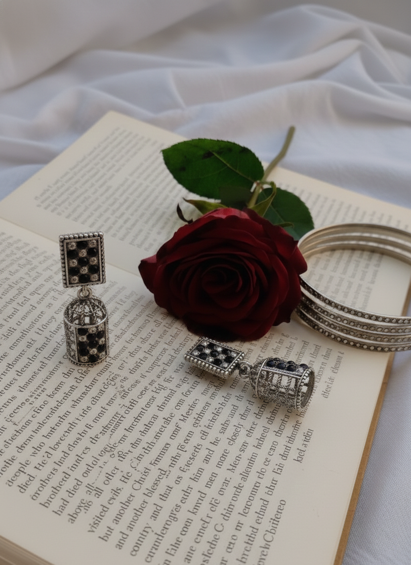 Antique Oxidised Silver Floral Jhumka Earrings