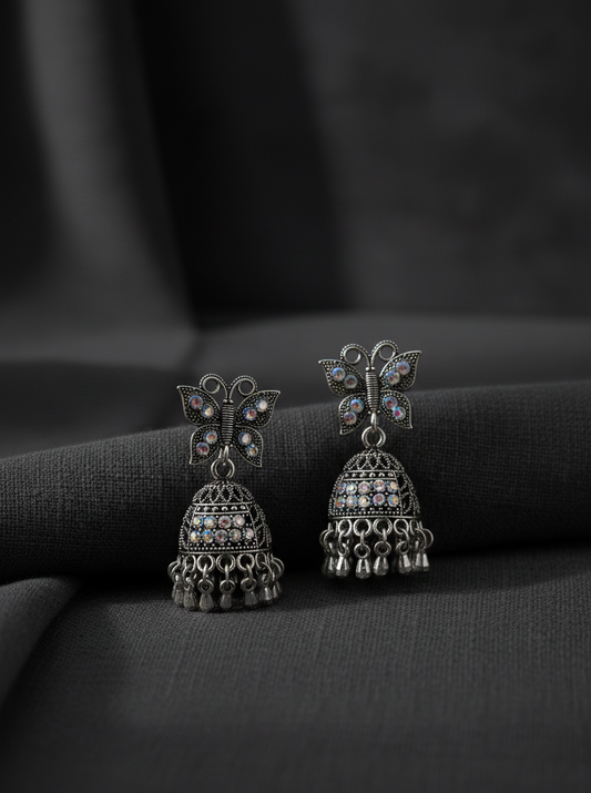Antique Silver Jhumka Earrings – Butterfly Design