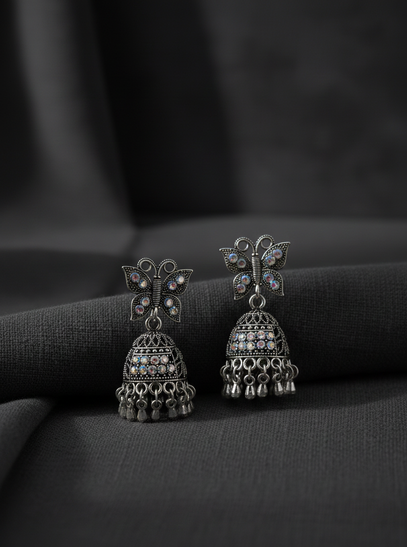 Antique Silver Jhumka Earrings – Butterfly Design