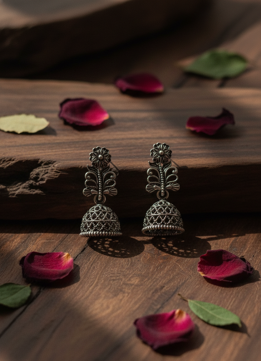 Oxidized Silver Floral Jhumka Earrings