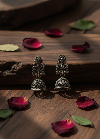 Oxidized Silver Floral Jhumka Earrings