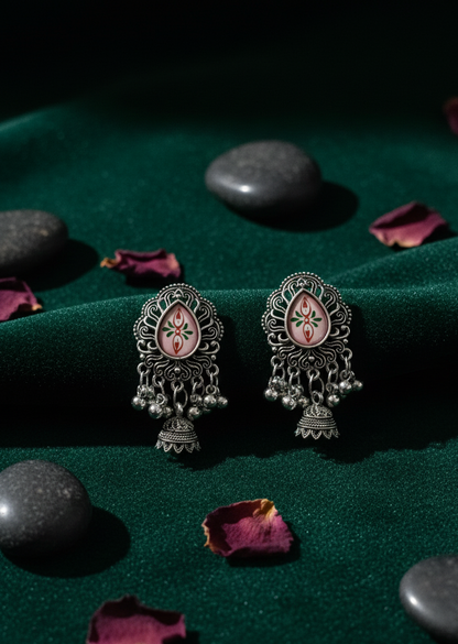 Vintage-Style Oxidized Silver Pink Meenakari Jhumkas with Floral Detailing