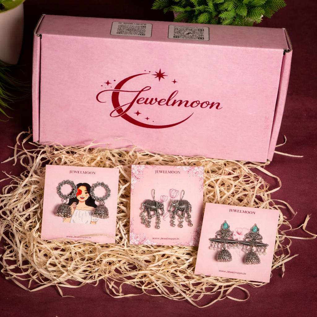 Jewel Moon 9 Pcs Jewelry Combo – 7 Earrings + FREE Nazar Bracelet + Surprise Pendant 🎁