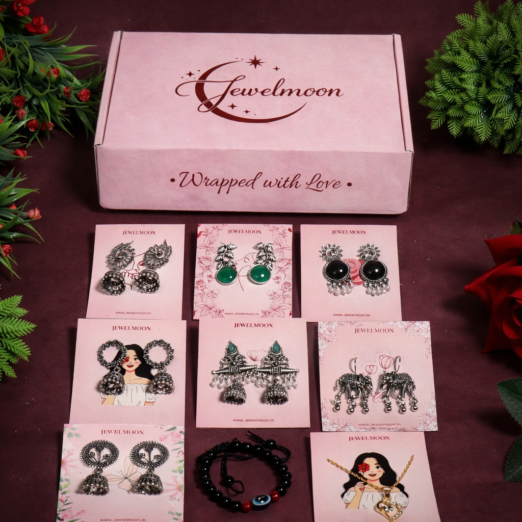 Jewel Moon 9 Pcs Jewelry Combo – 7 Earrings + FREE Nazar Bracelet + Surprise Pendant 🎁