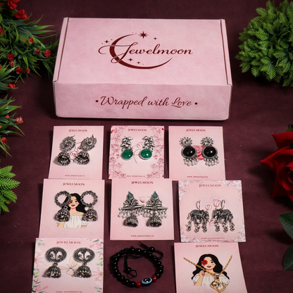 Jewel Moon 9 Pcs Jewelry Combo – 7 Earrings + FREE Nazar Bracelet + Surprise Pendant 🎁