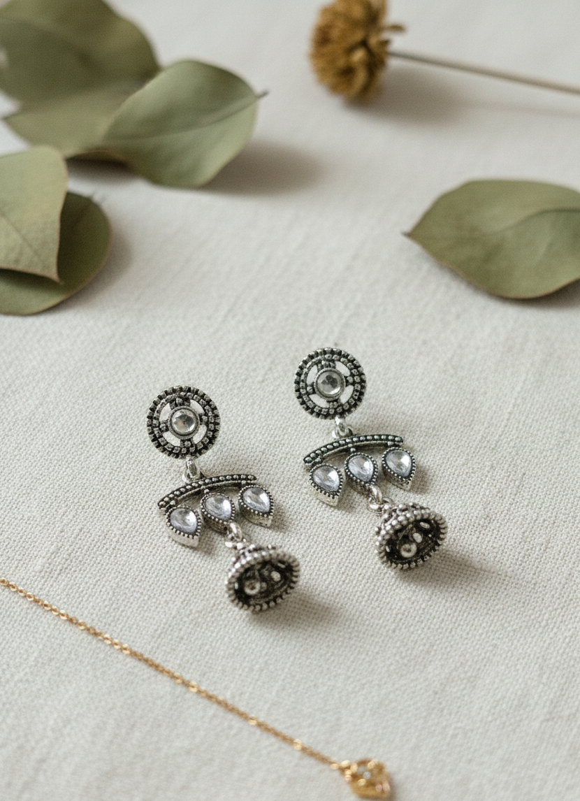 Traditional Silver Antique Drop Jhumkas