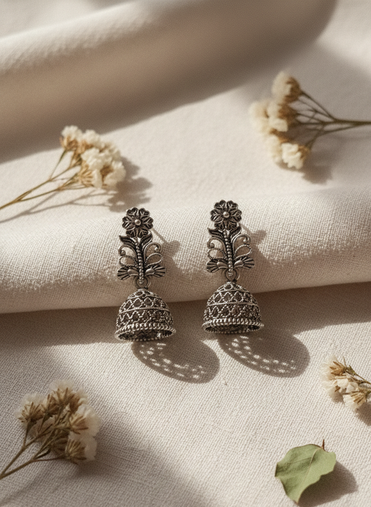 Oxidized Silver Floral Jhumka Earrings