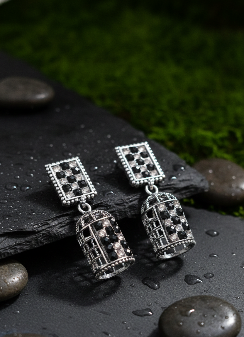 Antique Oxidised Silver Floral Jhumka Earrings