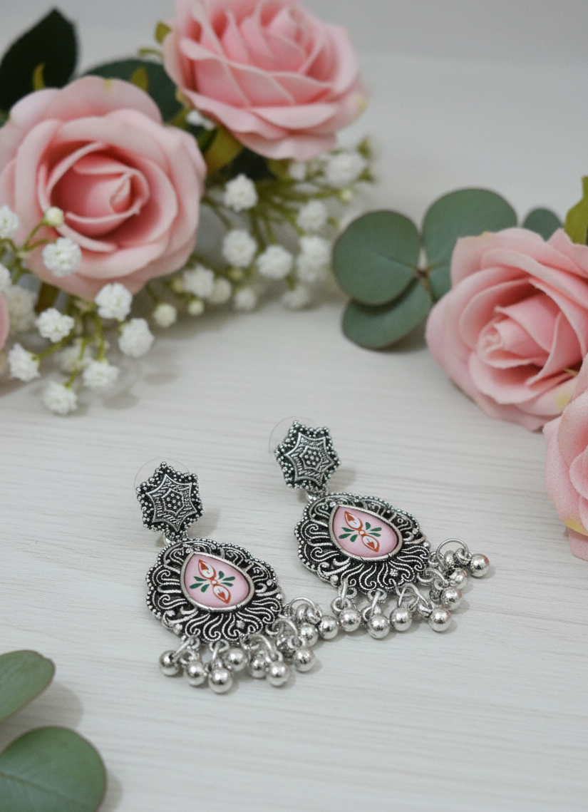 Pink Floral Meenakari Drop Earrings