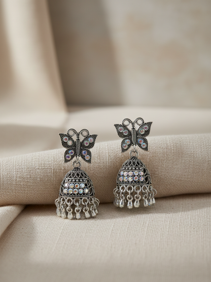 Antique Silver Jhumka Earrings – Butterfly Design