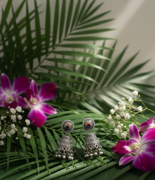 Oxidized Silver Peacock Jhumka Earrings for Women
