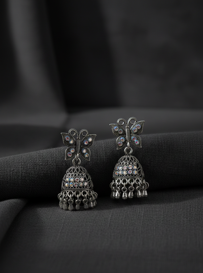 Antique Silver Jhumka Earrings – Butterfly Design
