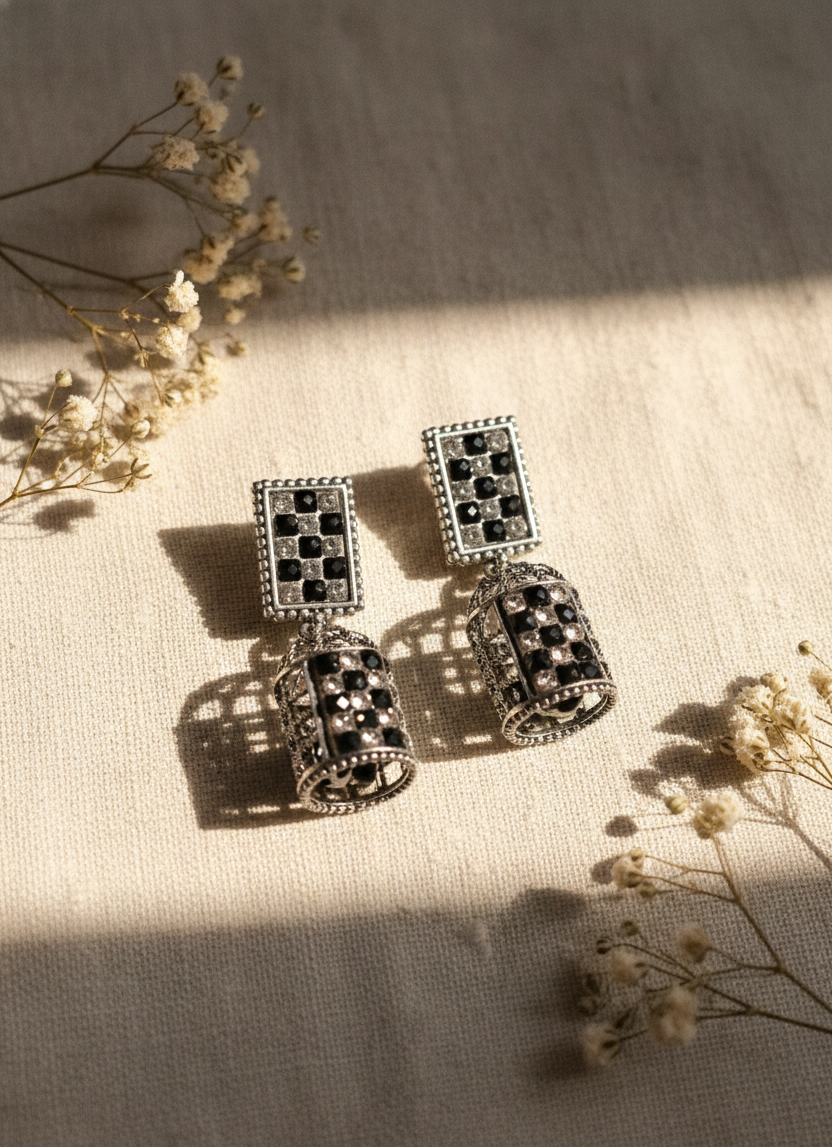 Antique Oxidised Silver Floral Jhumka Earrings