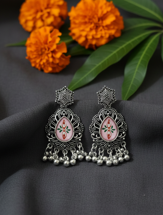 Pink Floral Meenakari Drop Earrings